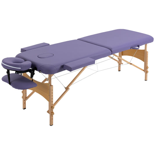 HOMCOM Portable Massage Bed, Folding Spa Beauty Massage Table with 2 Sections, Carry Bag and Wooden Frame, Purple