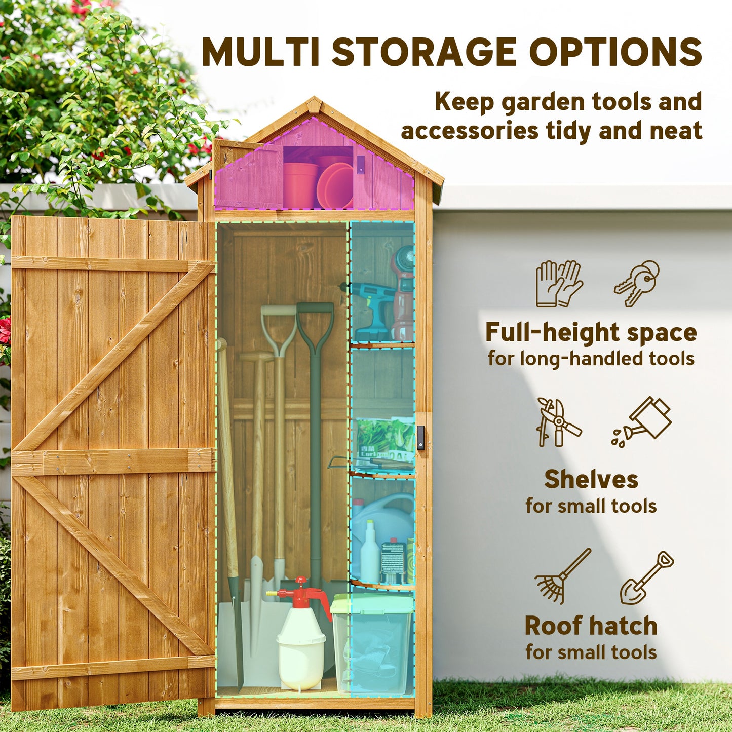 Outsunny Garden Shed Vertical Utility 3 Shelves Shed Wood Outdoor Garden Tool Storage Unit Storage Cabinet, 77 x 54.2 x 179cm - Brown