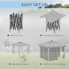 Outsunny 3 x 3(m) Pop Up Gazebo Party Tent with Solar-Powered LED Lights, Adjustable Event Shelter with Netting, Grey