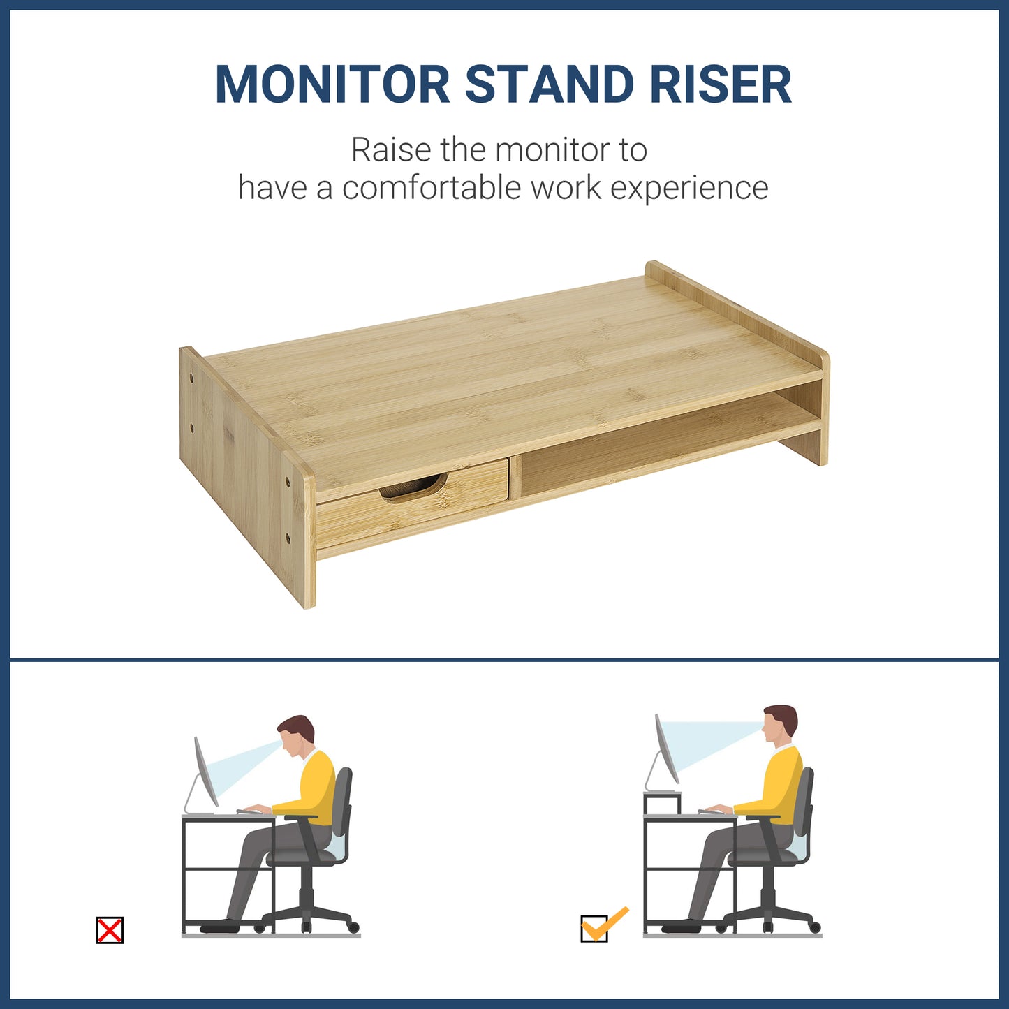 HOMCOM Monitor Riser Laptop PC Plinth Stand TV Computer Desktop Organiser W/ Drawer Bamboo