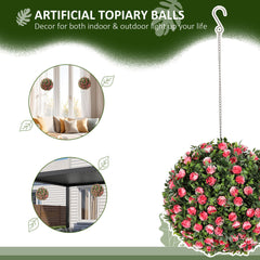 HOMCOM Set of 2 Decorative Artificial Plants, UV-protected Artificial Plant Topiary Rose Balls, Fake Plants for Home Indoor outdoor Decor, 28cm, Pink