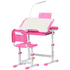 HOMCOM Kids Study Desk and Chair Set w/ Adjustable Height, Storage, Drawer, Pink