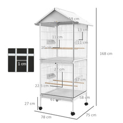 PawHut Budgie Cage with Rolling Stand, Perches, Wheels, Large Parrot Cage for Finch, Canary, Budgie, Cockatiel, White