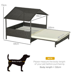 PawHut Extendable Elevated Dog Bed, Rattan Dog House, with Water-Resistant Roof, Removable Cushion, Cream