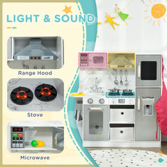 AIYAPLAY Toy Kitchen with Lights, Sounds, Apron and Chef Hat, Ice Maker, Microwave, for Ages 3-6 Years - White