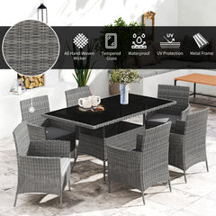 Outsunny 7-Piece Rattan Garden Furniture Set with Cushions, 6 Seater Garden Table and Chairs, Rattan Dining Set with 6 Armchairs, Rectangular Glass Top Table, Charcoal Grey