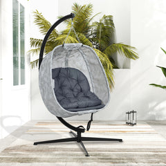 Outsunny Hanging Egg Chair Outdoor Indoor Garden Swing Chair with Folding Basket, Garden Hanging Chair with Stand, Thickened Cushion, Cup Holder for Patio, Balcony, Grey