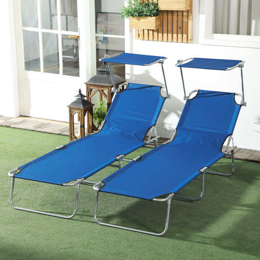 Outsunny Outdoor Foldable Sun Lounger Set of 2, 4 Level Adjustable Backrest Reclining Sun Lounger Chair with Angle Adjust Sun Shade Awning for Beach, Garden, Patio, Blue