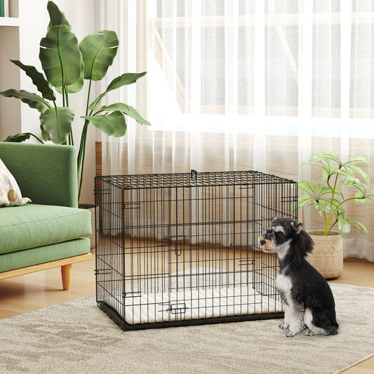 PawHut Foldable Dog Crate with 2 Doors with Tray, Soft Cushion, for Small Dogs, 76 x 53 x 60, Black