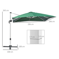 Outsunny 3 x 3(m) Cantilever Roma Parasol, Square Garden Umbrella with Cross Base, Crank Handle, Tilt, 360√Ç¬∞ Rotation and Aluminium Frame, Green