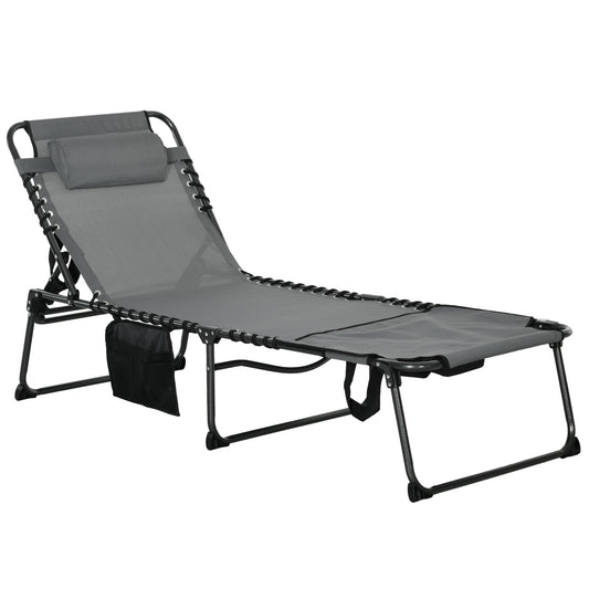 Outsunny Folding Sun Lounge with 5-level Reclining Back, Outdoor Tanning Chair with Reading Hole, Outdoor Sun Lounge with Side Pocket, Headrest, for Beach, Yard, Patio, Grey