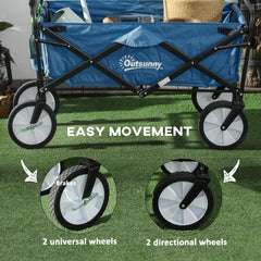 Outsunny 90L Folding Garden Trolley Cart Pull Along Wagon with Telescopic Handle for Beach Camping Festival - Navy Blue