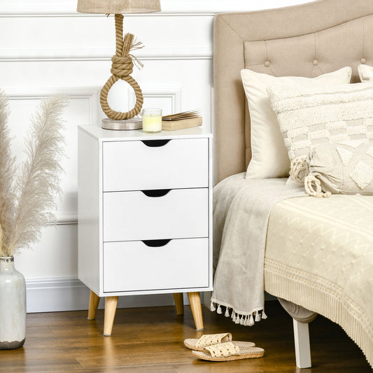 HOMCOM Bedside Table, Bedside Cabinet with 3 Drawers, Small Side Table with Wood Legs and Cut-out Handles for Bedroom, White