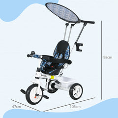 HOMCOM 6 in 1 Tricycle for Kids with 5-point harness straps, Removable Canopy, Dark Blue