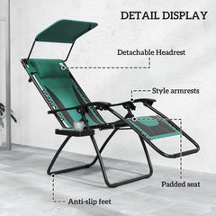 Outsunny Zero Gravity Lounger Chair, Folding Reclining Patio Chair with Shade Cover, Padded Seat, Cup Holder, Soft Cushion and Headrest for Poolside, Camping, Green