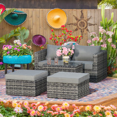 Outsunny Five Piece Rattan Armchair, Stool and Table Set - Mixed Grey