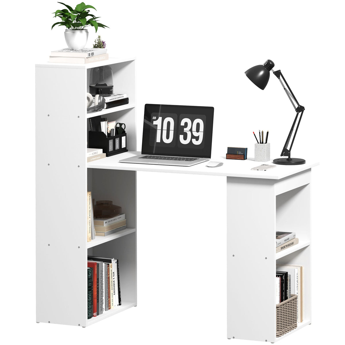 HOMCOM 120cm Modern Computer Desk Bookshelf Study Table Workstation PC Laptop Writing Home Office 6 Shelves, White