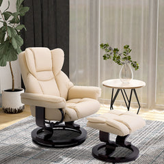 HOMCOM Faux Leather Recliner Chair and Footstool, Swivel Upholstered Armchair and Footstool with Adjustable Backrest, Solid Wood Base for Living Room, Cream