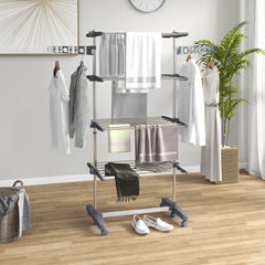 HOMCOM Four-Shelf Collapsing Clothes Horse, With Side Arms and Wheels - Grey