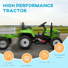 HOMCOM Ride On Tractor, Battery Powered Electric Car, with Detachable Trailer, Remote Control, Music - Green