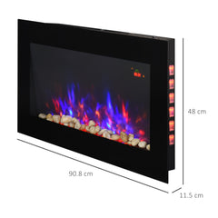 HOMCOM LED Wall Mounted Fireplace Curved Glass Electric Fire Place for Living Room, 1000W/2000W, 48H x 90.8W x 11.5Dcm, Black