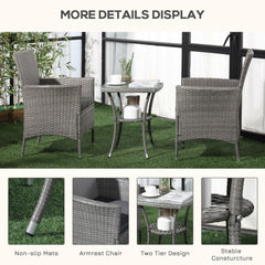 Outsunny 3 Pieces Rattan Bistro Set, Wicker Garden Furniture Set with 2-Tier Coffee Table and Chairs, Washable Cushions, for Outdoor Patio Balcony, Grey