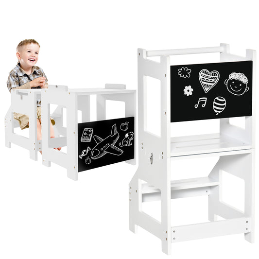 HOMCOM 2 in 1 Kids Kitchen Step Stool with Safety Rail Toddler Steps with Chalkboard for Kitchen Bathroom, White