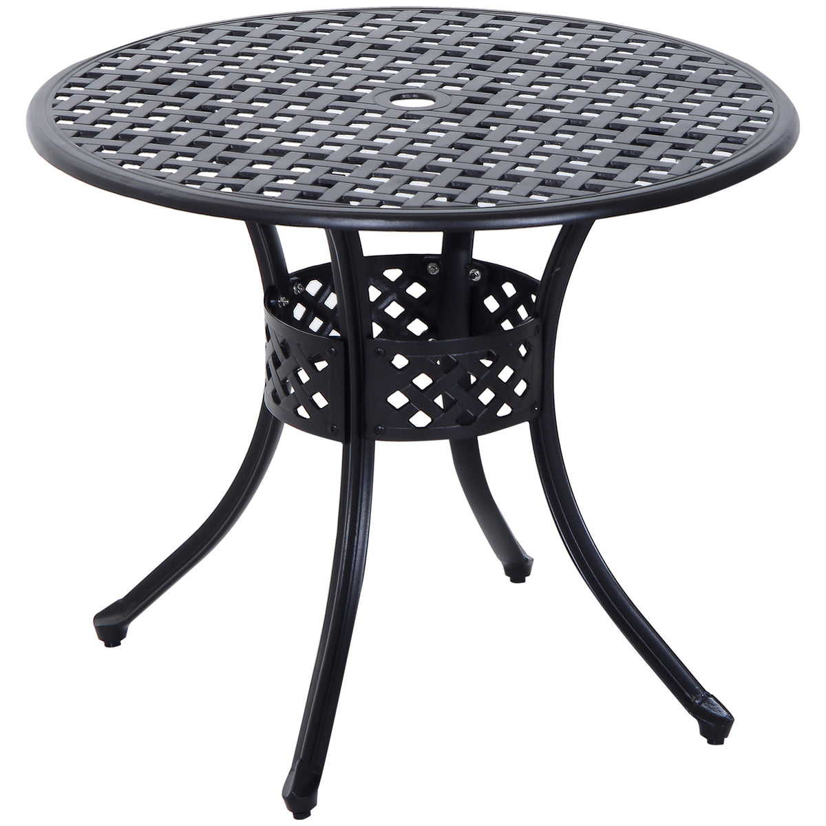 Outsunny 85cm Round Garden Table with Umbrella Hole, Aluminium Grid Motif Outdoor Dining Table for Garden Patio, Black