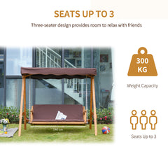 Outsunny 3 Seater Garden Swing Seat Outdoor Swing Chair with Adjustable Canopy, Wooden Hammock Bench with Padded Cushions for Patio Yard, Brown