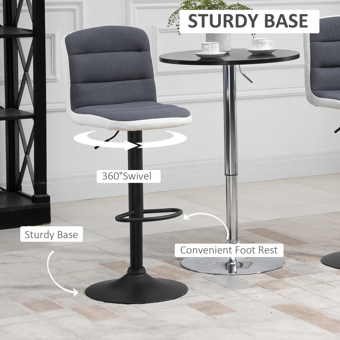 HOMCOM Bar Stools Set of 2, Height Adjustable Bar Chairs in Fabric and Faux Leather, 360√Ç¬∞ Swivel Kitchen Stool with Backrest and Footrest, Dark Grey