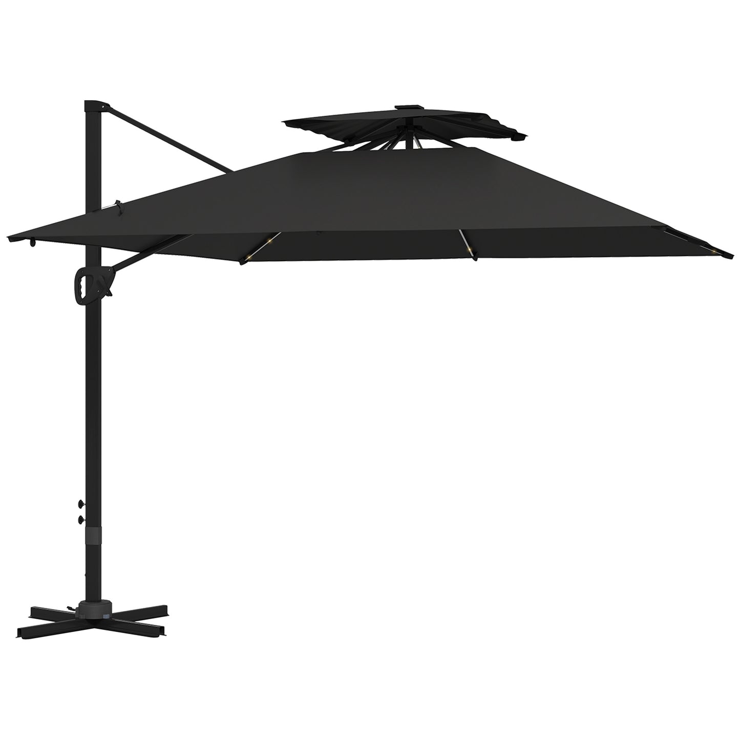 Outsunny 3.5x3 m Garden Cantilever Parasol with Solar LED Lights and Centre Light, UPF50+ Aluminium Patio Umbrella with 360√Ç¬∞ Rotation and Tilt, Hanging Sun Shade with Cross Base, Crank Handle, Black
