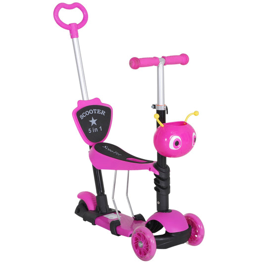 HOMCOM 5 in1 Kids Scooter 3 Wheel Toddler scooter Kick Scooter with Adjustable Handlebar, Removable Seat & Back Rest for 18 Month+, Pink