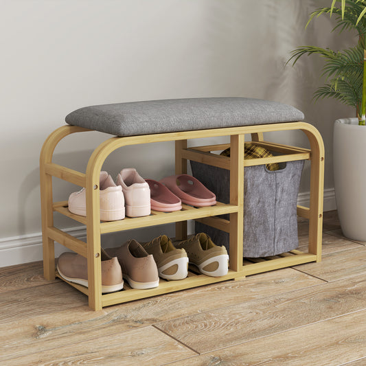 HOMCOM Bamboo Shoe Rack Bench with Padded Seat - Nature Wood Finish