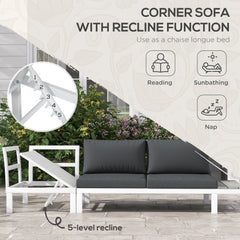 Outsunny 4 Pieces Patio Garden Set with 5-Level Recline Corner Sofa, Outdoor Garden Lounge Sectional Conversation Sofa Set with Cushions, Wood Grain Plastic Table, White Frame Grey Cushion