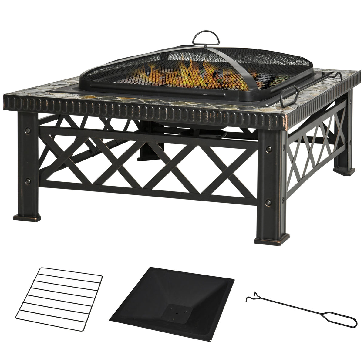 Outsunny Large Outdoor Fire Pit Table, 3 in 1 Square Wood Burning Firepit Metal Brazier, BBQ Grill, Ice Bucket w/ Grill Grate, Log Grate, Lid, Poker for Garden, Camping, Bonfire, 76 x 76 x 47cm, Black