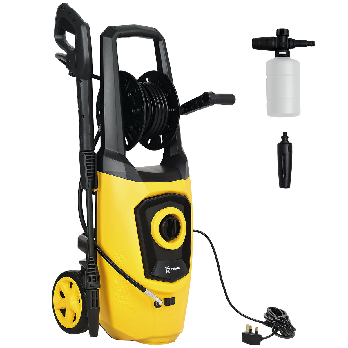 DURHAND 1800W High√Ç Pressure√Ç Washer, 150 Bar Pressure, 510 L/h Flow, High-Performance Portable Power Washer Jet Wash Cleaner with 6M Hose and Hose Reel for Garden, Car, Furniture, Yellow