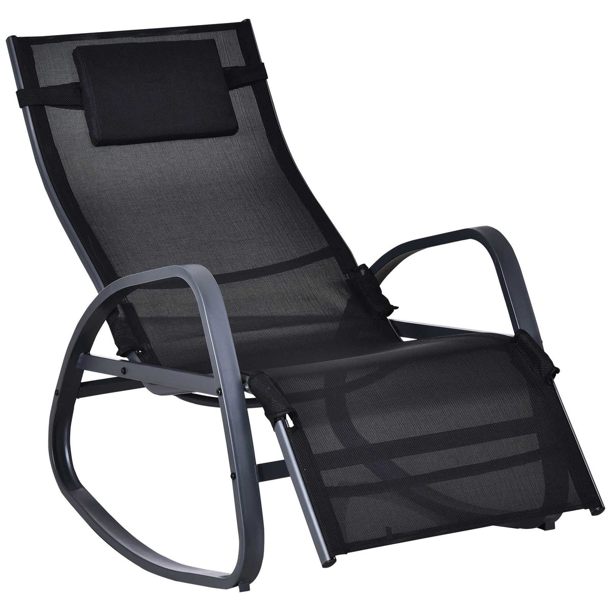 Outsunny Garden Rocking Chair with 5-Level Adjustable Backrest, Rocking Sun Lounger with Removeable Headrest Pillow, Footrest, Armrest and Safety Stopper, Black