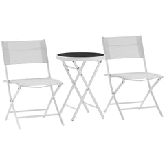 Outsunny 3 Pieces Outdoor Bistro Set, Glass Top Outdoor Table and 2 Folding Chairs with Protecting Feet, White