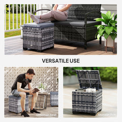 Outsunny Set of 2 Rattan Storage Ottoman, Outdoor Footstool with Removable Cushions, Garden Storage Seat for Balcony, Poolside, Living Room, Dark Grey