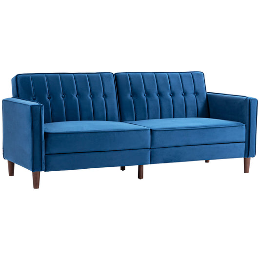 HOMCOM Velvet-Feel Three-Seater Sofa Bed - Blue