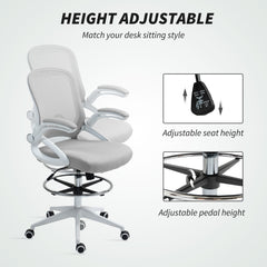 Vinsetto Drafting Chair with Flip-up Armrest, Mesh Office Stool with Foot Ring, 360√Ç¬∞ Swivel Height Adjustable Chair for Standing Desk, Light Grey