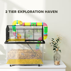 PawHut 2 Tier Hamster Cage with 31cm Deep Tray, Tube System, Water Bottle, Ramp, Feeding Bowl, 58 x 43 x 57cm, Multicolour