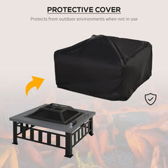 Outsunny Metal Large Firepit Outdoor Square Fire Pit Brazier w/ Rain Cover, Lid, Log Grate, Poker for Backyard, Camping, BBQ, Bonfire, Wood Burning Stove, 86 x 86 x 54cm, Black