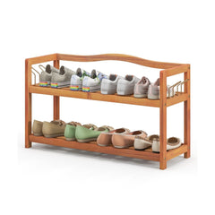 Solid Acacia Wood Shoe Rack Shelf with Side Metal Hooks-2-Tier