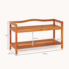 Solid Acacia Wood Shoe Rack Shelf with Side Metal Hooks-2-Tier