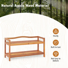 Solid Acacia Wood Shoe Rack Shelf with Side Metal Hooks-2-Tier