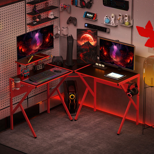 HOMCOM Gaming Desk L-Shaped Corner Computer Table for Home Office PC Workstations with Adjustable Monitor Stand Cup Holder Headphone Hook 125x125x75cm, Red