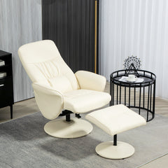 HOMCOM Swivel Recliner Chair with Footstool, PU Leather Armchair and Ottoman with High Back and Round Base for Living Room, Cream White