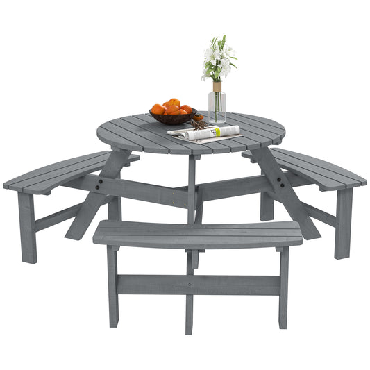 Outsunny 6 Seater Wooden Picnic Table and Bench Set Round Patio Dining Set with 3 Benches and Umbrella Hole Outdoor Garden Park, Grey