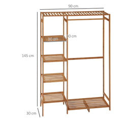 HOMCOM Bamboo Clothes Rack for Bedroom Garment Rack with 6-Tier Storage Shelf Hanging Rod Clothes Rail for Living Room Entryway